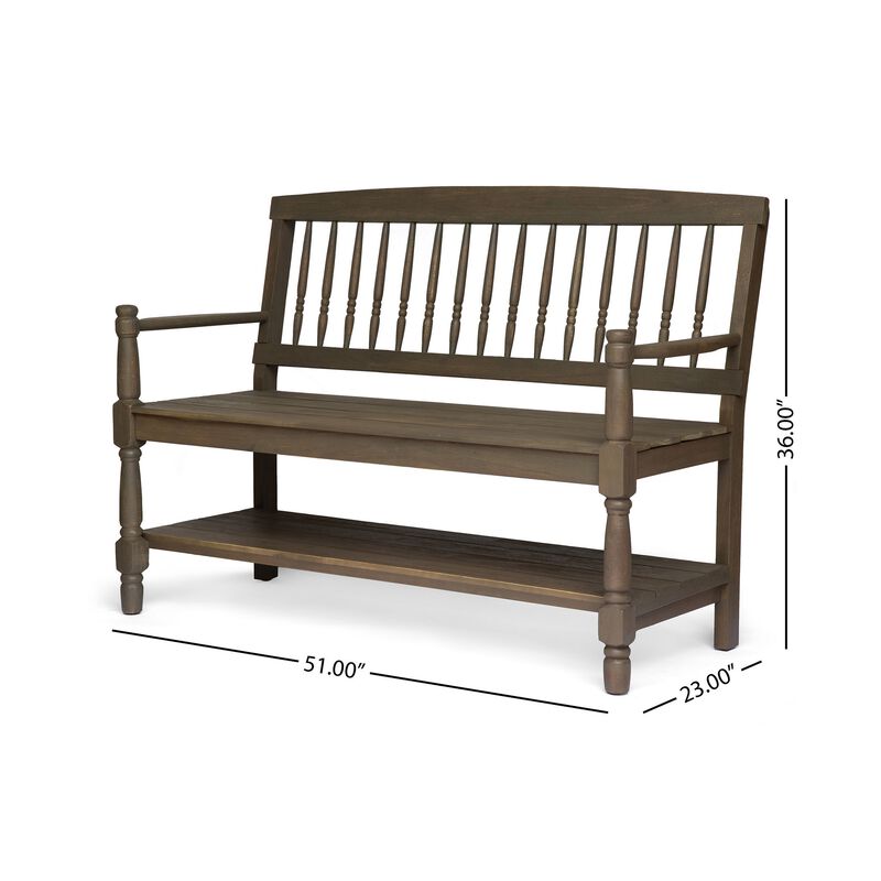 Ikra Outdoor Bench, Built-In Shelf, 51 Inch, Carved Gray Acacia Wood - Benzara