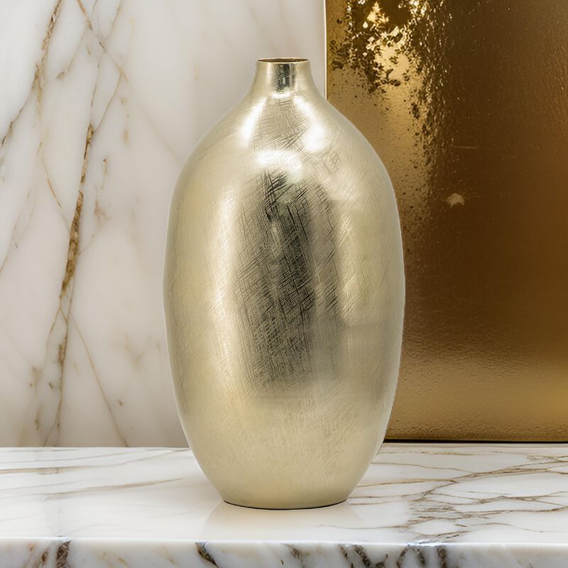 Pansy 19 Inch Modern Vase, Metal, Tall Curved Bottleneck Shape, Gold Finish - Benzara