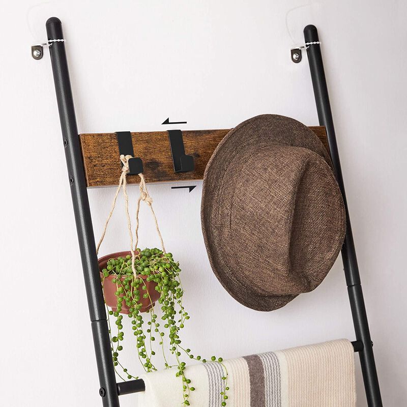 5-Tier Blanket Ladder with Hooks - Rustic Brown and Black, Industrial Metal Frame
