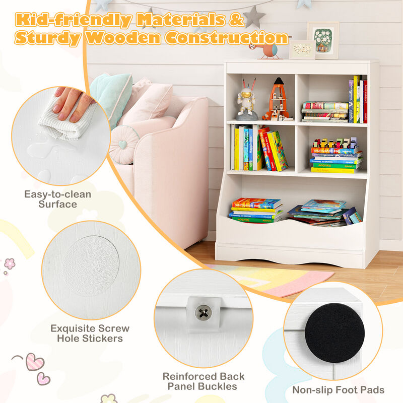 Kids Bookshelf  with 5 Bins for Playroom and Living Room
