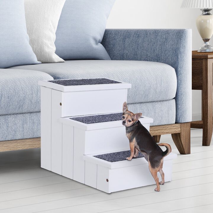 Pet-Friendly Ascent: 3-Step White Wooden Carpeted Stairs for Pets