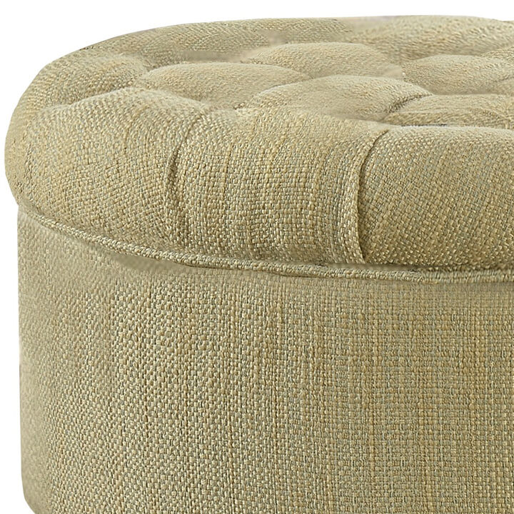 Fabric Upholstered Wooden Ottoman with Tufted Lift Off Lid Storage, Beige and Brown - Benzara
