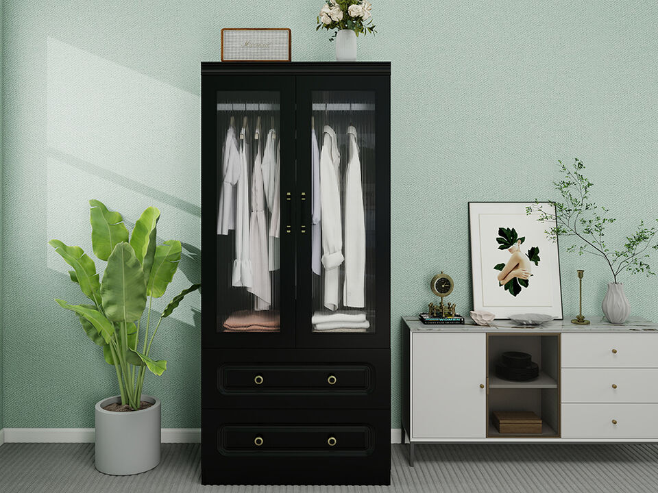 Armoire Wardrobe Closet Cabinet with 2 Doors and 2 Drawers, Armoire Wardrobe Closet with Hanging Rod, Wardrobe for Large Storage, Tall Closet Wardrobe with Drawers for Bedroom Black