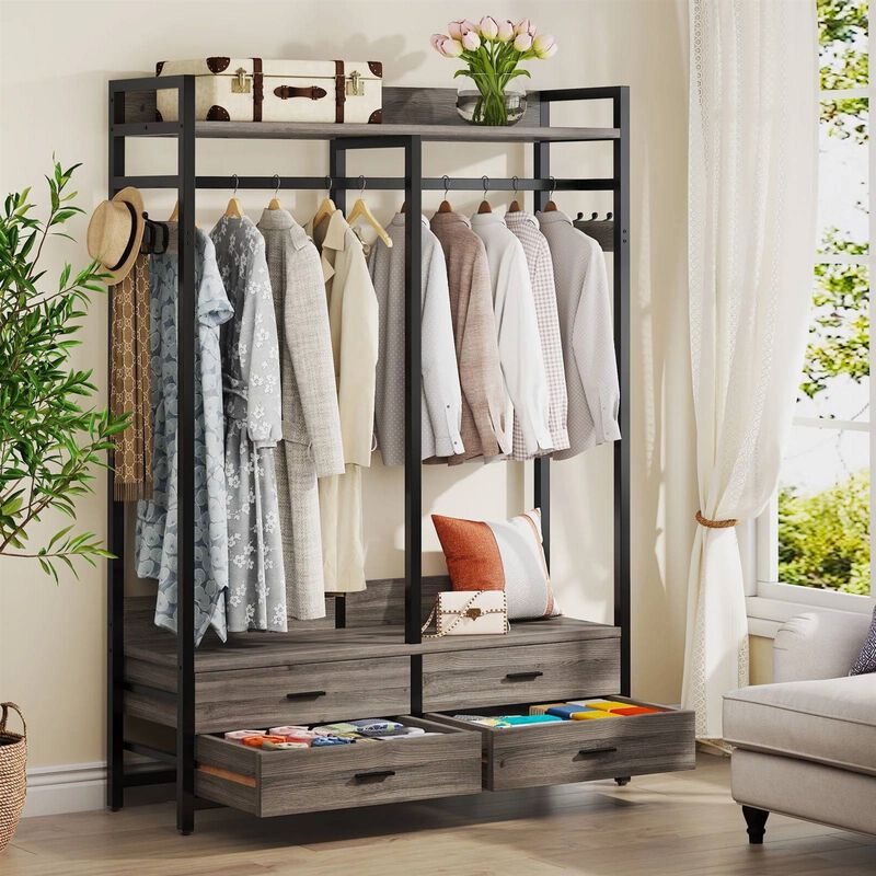 Hivvago Modern Grey Black Garment Rack with Clothes Hanging Rod and 4 Storage Drawers