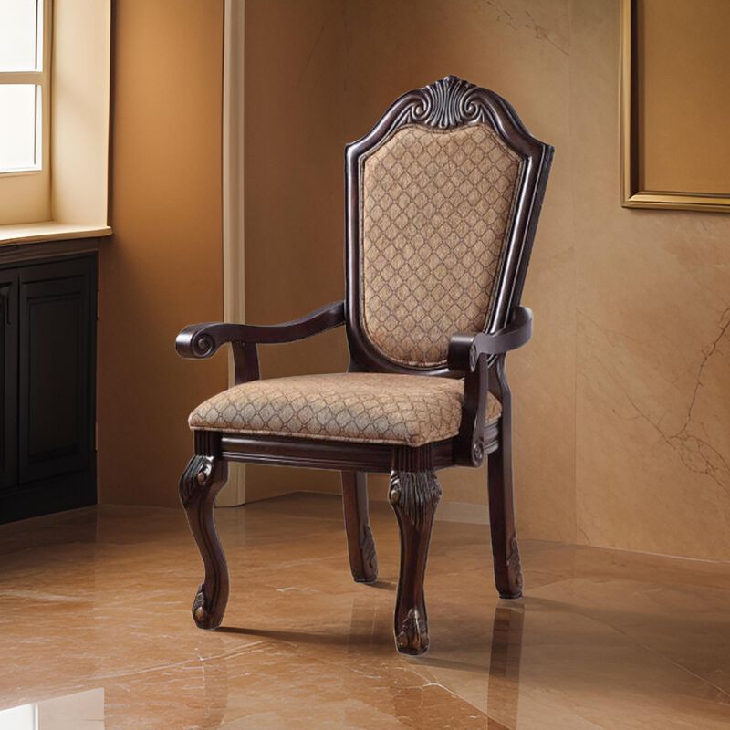 Loki 29 Inch Dining Armchair Set of 2, Beige Fabric, Crown Top Back, Brown  - Benzara