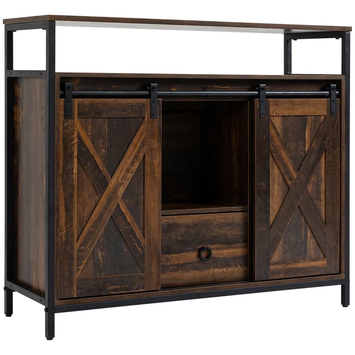Rustic Brown Buffet: Industrial Sideboard with Sliding Barn Doors