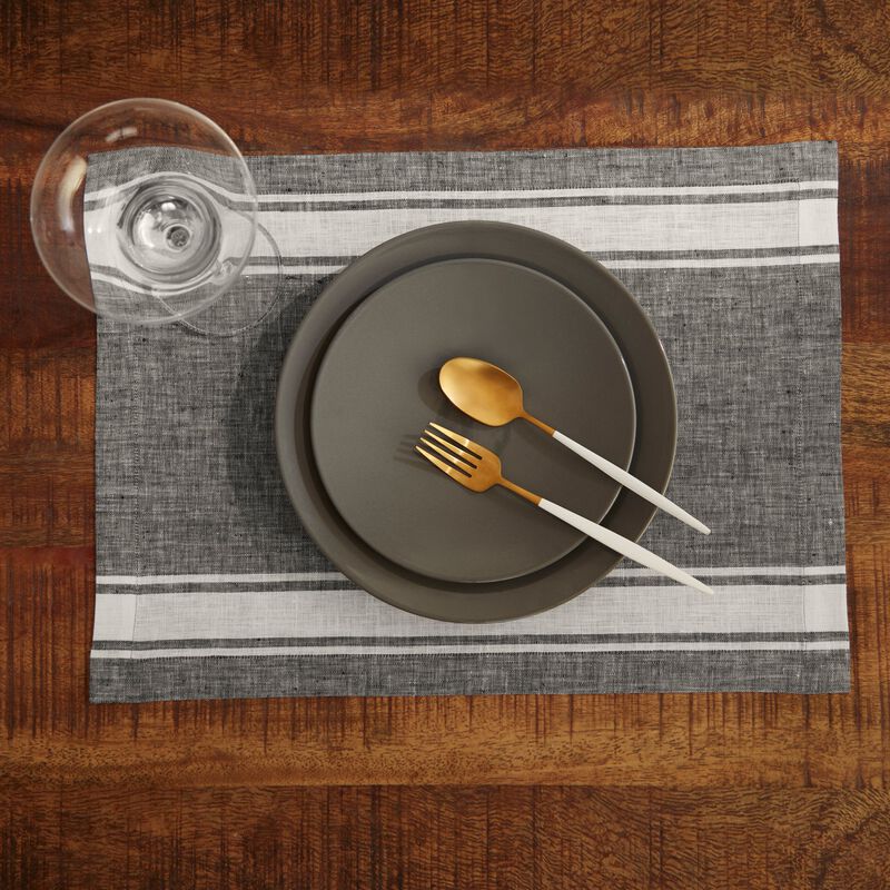 Solino Home 100% Pure Linen Stripe Placemats 14 x 19 Inch Set of 4 | Farmhouse Stripe