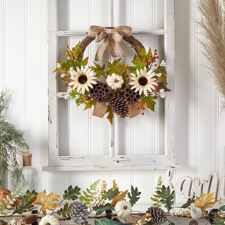 Hivvago 20" Autumn Sunflower, White Pumpkin and Dried Lotus Pod Artificial Fall Wreath with Decorative Bow