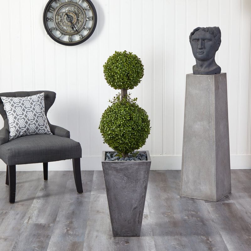 Hivvago 4 Feet Double Boxwood Topiary Artificial Tree in Cement Planter (Indoor/Outdoor)