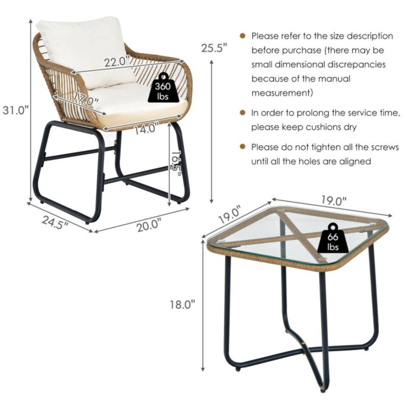 Hivvago 3-Piece Patio Bistro Set with 2 Rattan Chairs and Square Glass Coffee Table-White