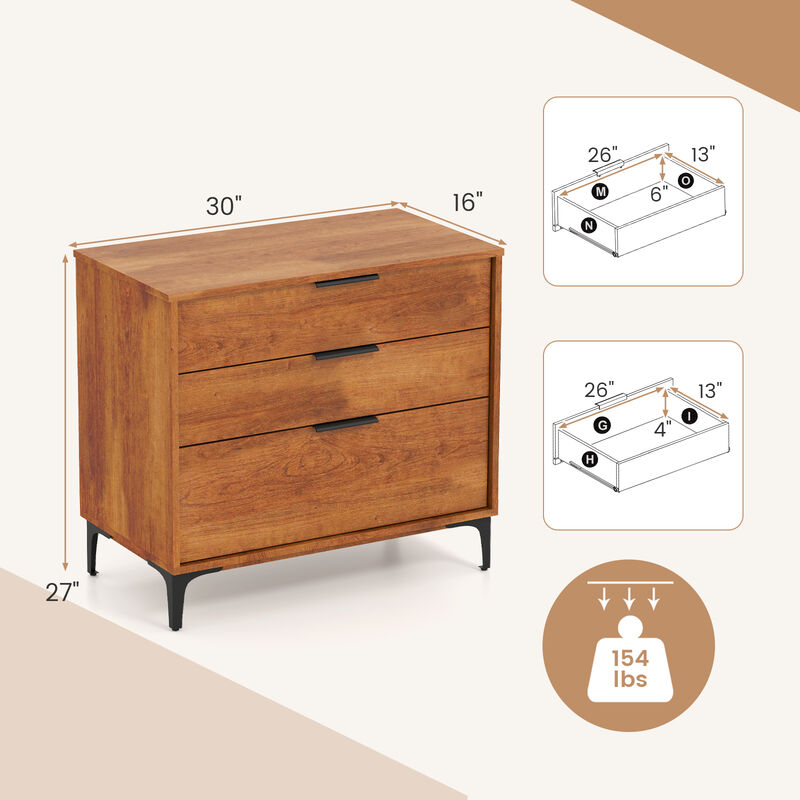 3-Drawer Dresser with Interlock System for Bedroom or Living Room Storage and Organization