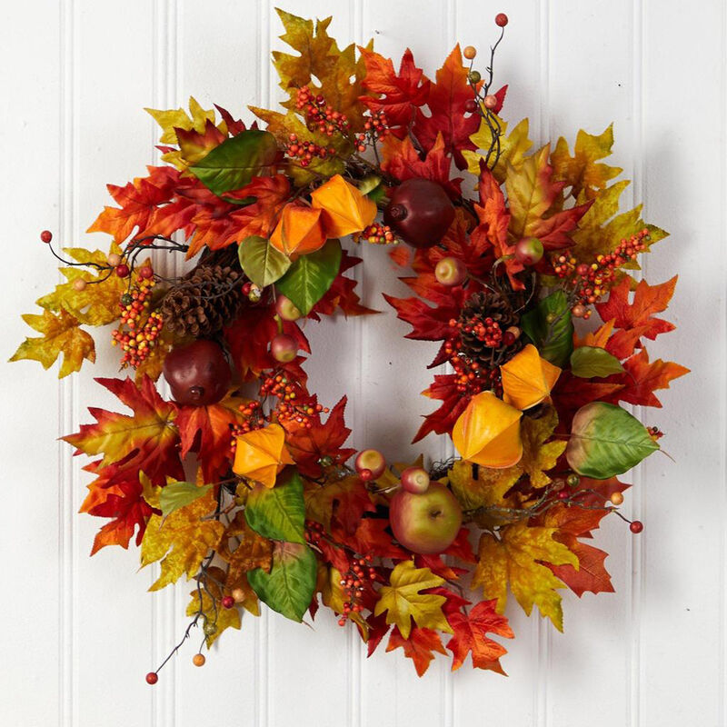 Nearly Natural 24-in Autumn Maple Leaf and Berries Fall Artificial Wreath