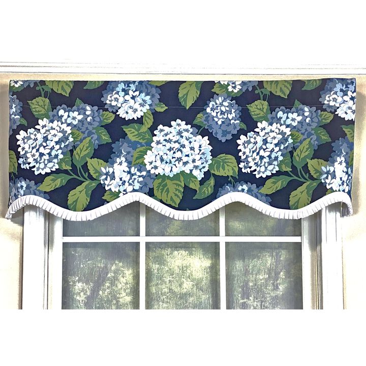 RLF Home Hydrangea Ruffled Provance valance Navy. 3" Rod Pocket 50"W x 17"L