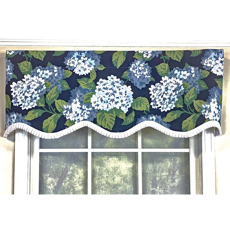 RLF Home Hydrangea Ruffled Provance valance Navy. 3" Rod Pocket 50"W x 17"L