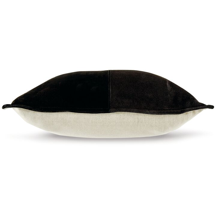 Vale Square Accent Throw Pillow, 20 Inch, Patchwork Design Black Suede - Benzara