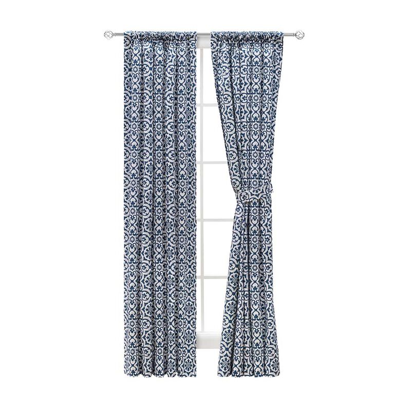 Ellis Athens Printed Tile Design on a Ground 3" Rod Pocket Premium Tailored Pairs 100"x63" Navy