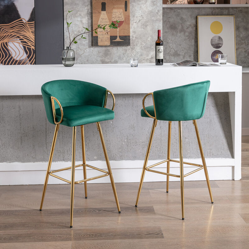 Set of 2 Green Velvet Bar Stools with Chrome Base