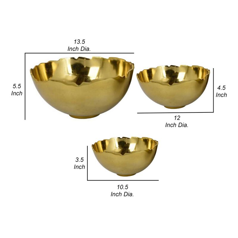 Bonz Set of 3 Bowls, Unique Top Shape, Round Base, Gold Metal Finish - Benzara