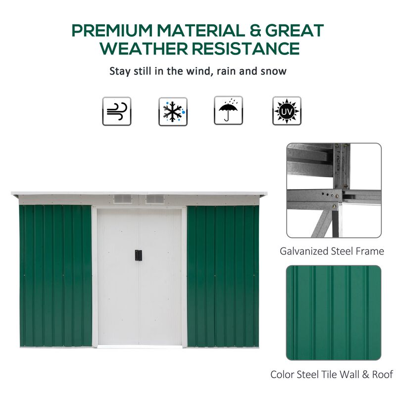 Rust-Proof Garden House: 9'x4.5'x5.5' Green/White Vented Metal Shed