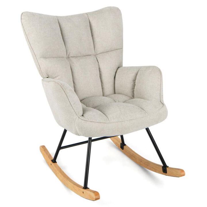 Hivvago Linen Nursery Rocking Chair with High Backrest and Padded Armrests