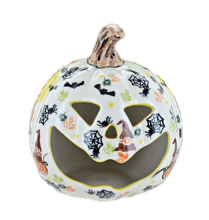 Blue Rose Polish Pottery Pumpkin Luminary  with Cats & Bats
