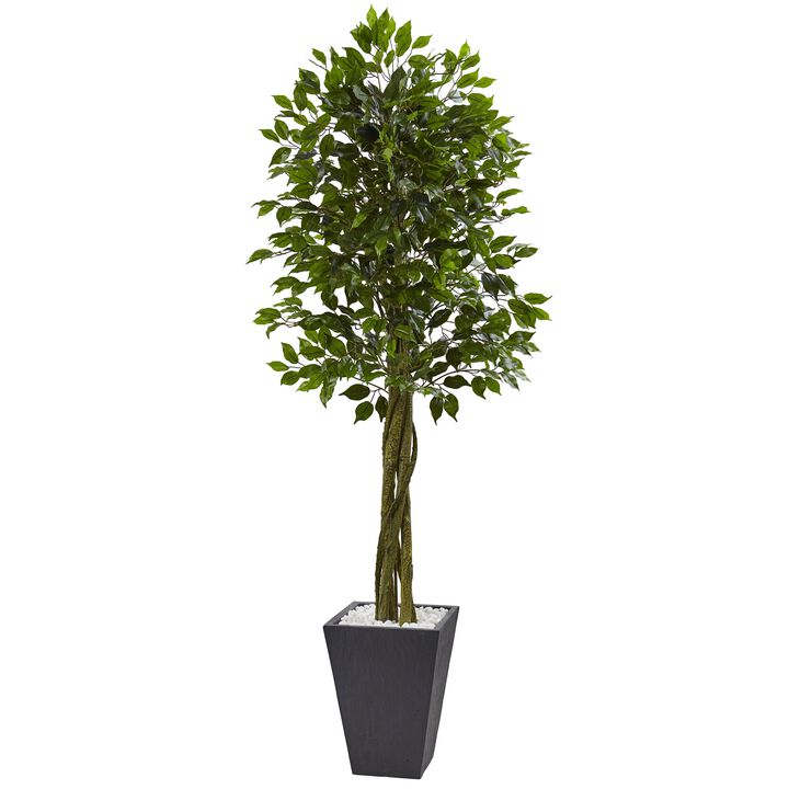 Hivvago 6.5 Feet Ficus Tree with Slate Planter UV Resistant (Indoor Outdoor)