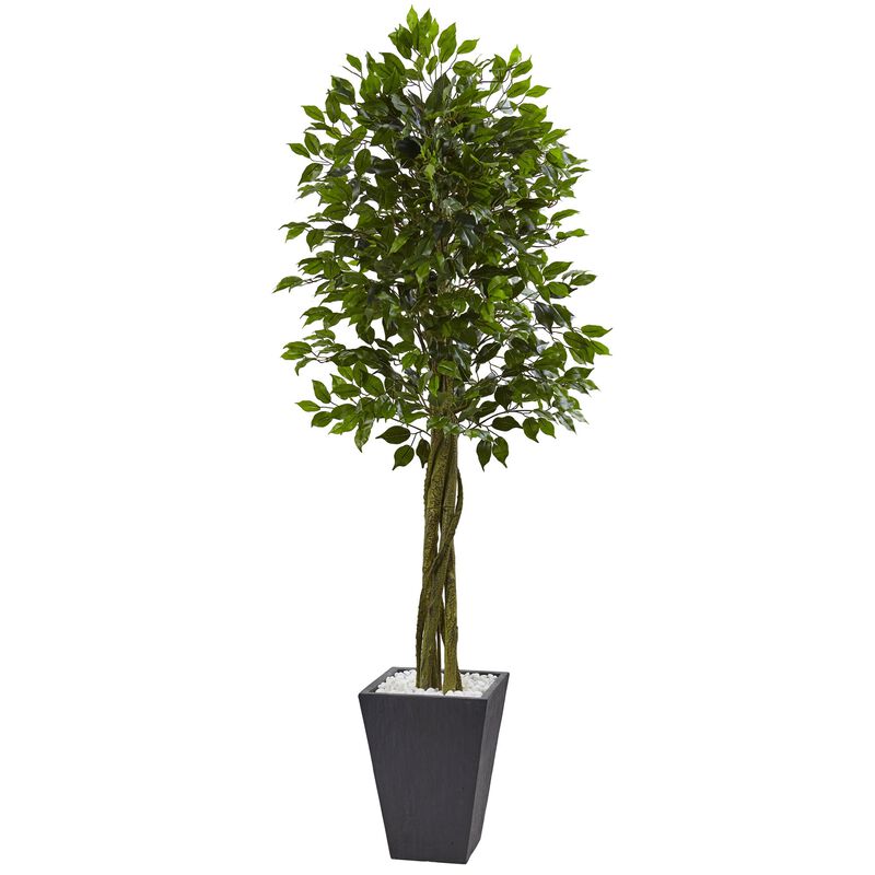 Hivvago 6.5 Feet Ficus Tree with Slate Planter UV Resistant (Indoor Outdoor)