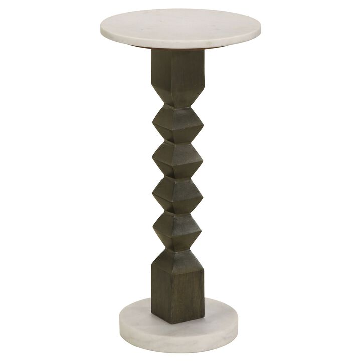 Drink Side Table, 11 Inch Round Marble, Spindle Pedestal Base, White, Gray - Benzara
