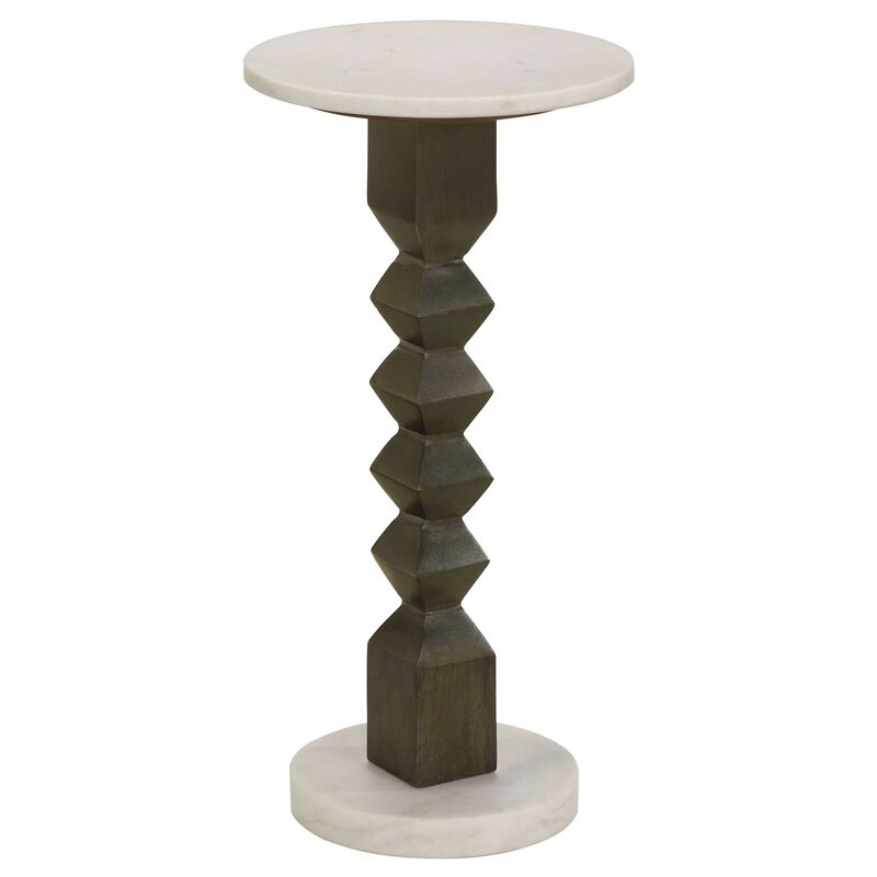 Drink Side Table, 11 Inch Round Marble, Spindle Pedestal Base, White, Gray - Benzara