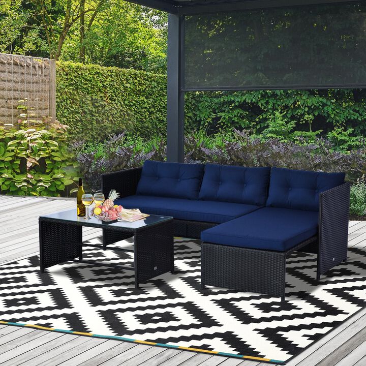 Blue Poolside Paradise: 3PC Rattan Sectional Lounge Set