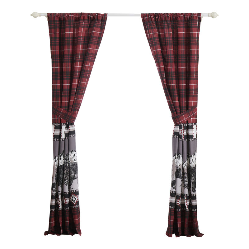 Sofia 84 Inch Bear Panel Curtains, Poly Microfiber, Red and Black Plaid - Benzara