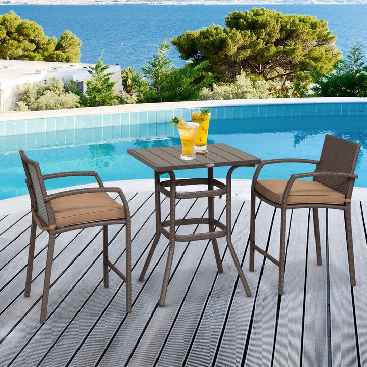 Brown Patio Bar Set: 3-Piece Rattan Outdoor Set with Wood Table