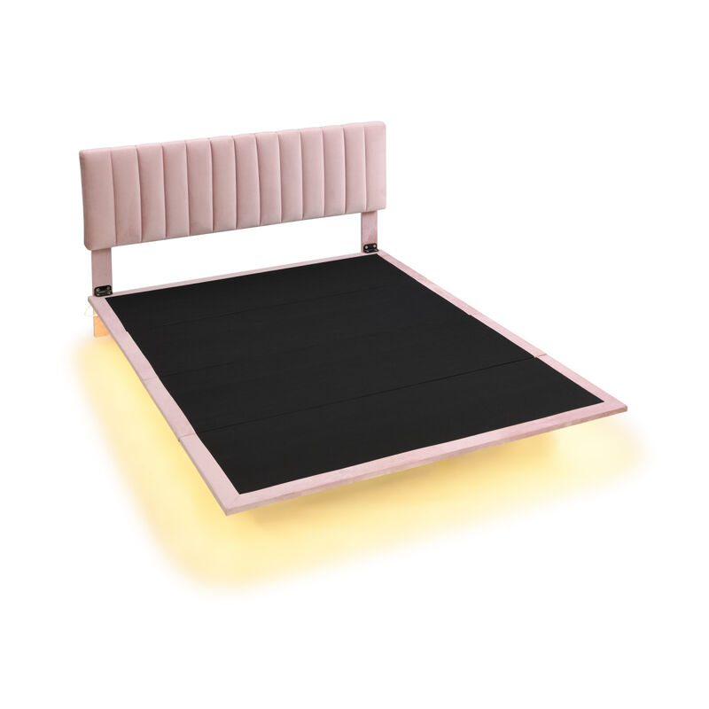 Queen Size Upholstered Bed With Sensor Light And Headboard, Floating Velvet Platform Bed, Pink