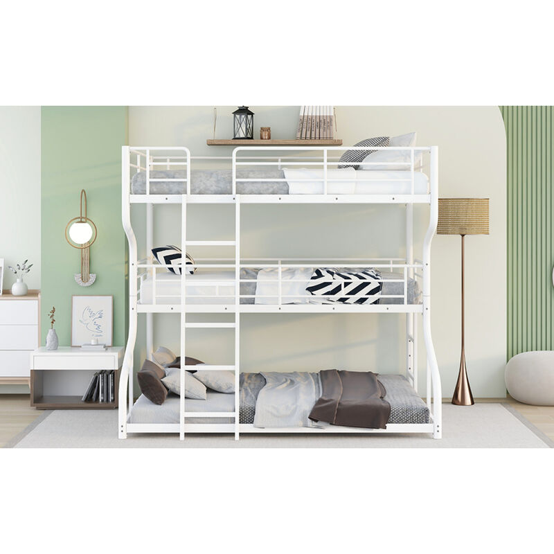 Full XL Over Twin XL Over Queen Size Triple Bunk Bed With Long And Short Ladder
