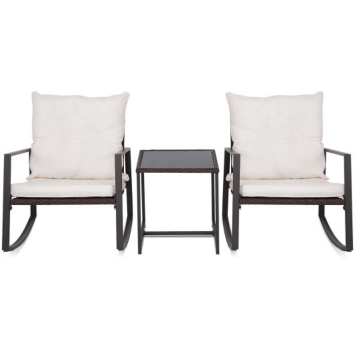 3 PCS Patio Rocking Wicker Bistro Set Outdoor Rattan Wicker Set w/ Beige Cushion