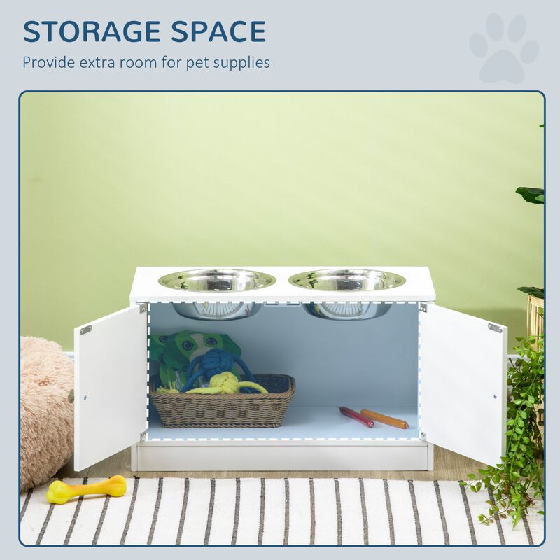 White Pet Dining Station: Elevated Dog Bowls with Storage for Large Dogs