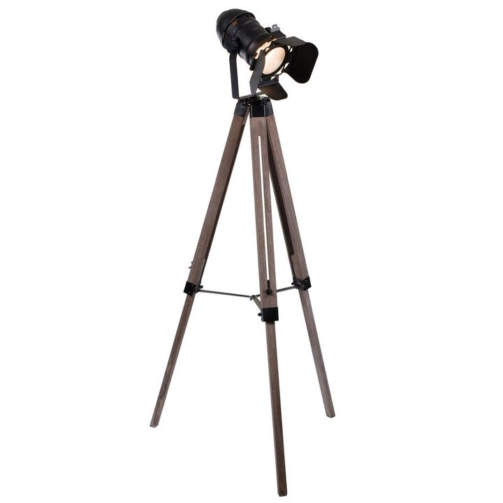 55 Inch Floor Lamp with Tripod Style Wood Frame, Spotlight, Brown and Black - Benzara