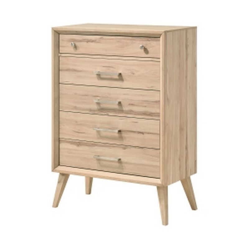 Kali 49 Inch Tall Dresser Chest, 5 Drawers, Nickel Handles, Oak Brown Wood - Benzara