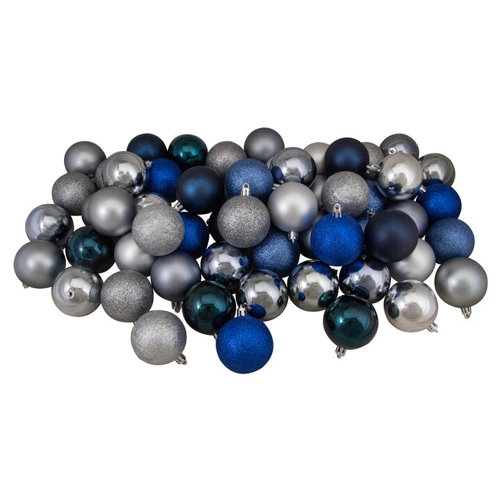 60ct Silver and Blue Shatterproof 3-Finish Christmas Ball Ornaments 2.5" (60mm)