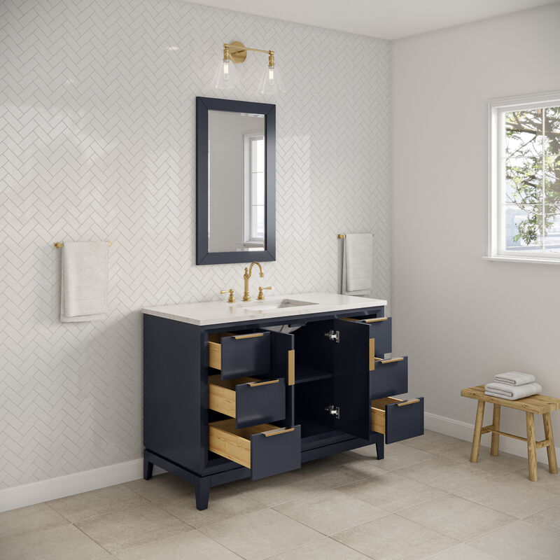Elizabeth 48 In. Single Sink Carrara White Marble Countertop Bath Vanity In Monarch Blue with Satin Gold Hardware