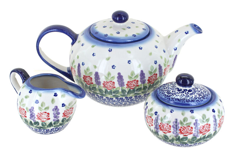 Blue Rose Polish Pottery Roses Are Red 3 Piece Tea Set
