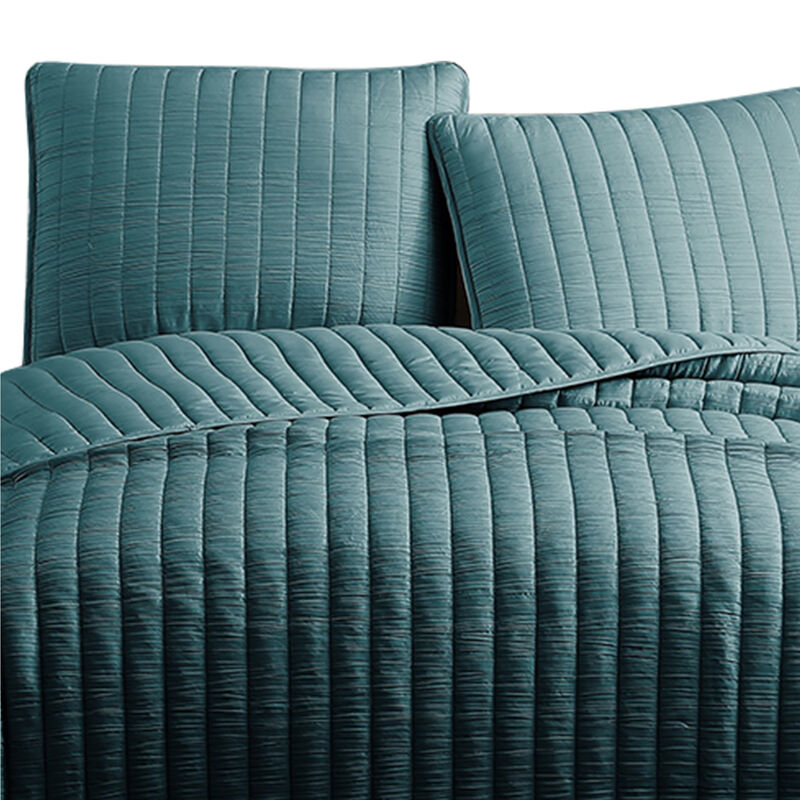 3 Piece Crinkle Queen Coverlet Set with Vertical Stitching, Turquoise Blue-Benzara
