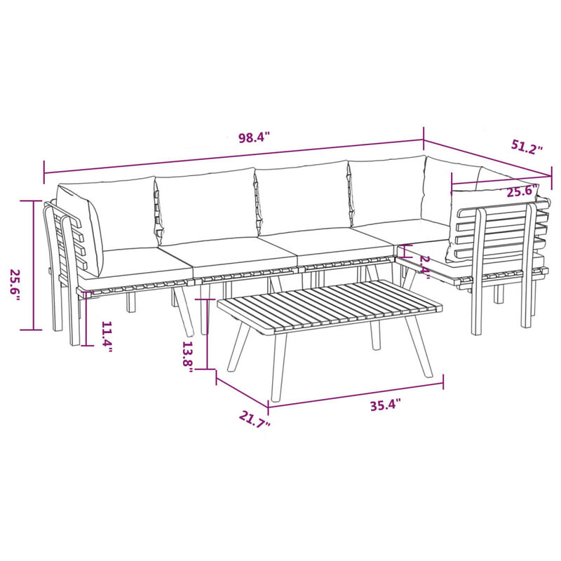 Roma 6pc Outdoor Modular Sofa Set, 1 Table, Gray White, Acacia Wood - Benzara
