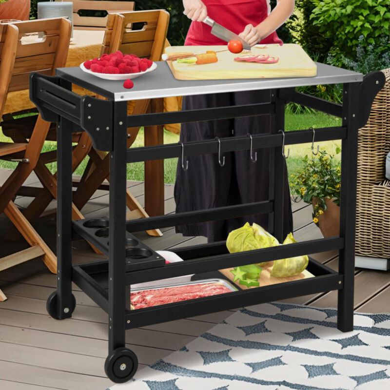 Hivvago Movable Outdoor Dining Cart Table HDPE Pizza Oven Stand Table with Stainless Steel Tabletop