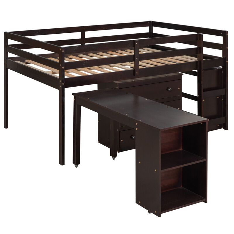 Low Study Full Loft Bed With Cabinet, Shelves And Rolling Portable Desk, Multiple Functions
