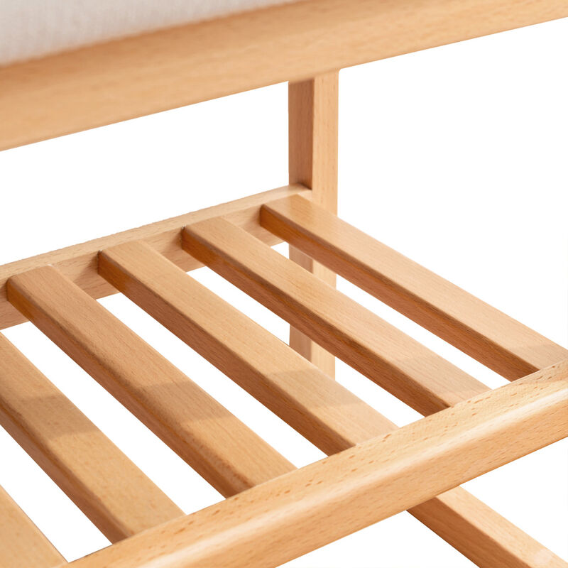 Natural Solid Wood Shoe Bench, Beech Wood Storage Rack Organizer With High Rebound Sponge Cushion