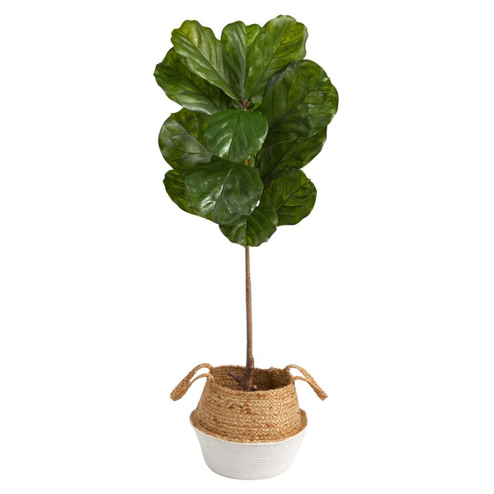 Hivvago 4 Feet Fiddle Leaf Artificial Tree in Boho Chic Handmade Cotton & Jute White Woven Planter UV Resistant (Indoor/Outdoor)