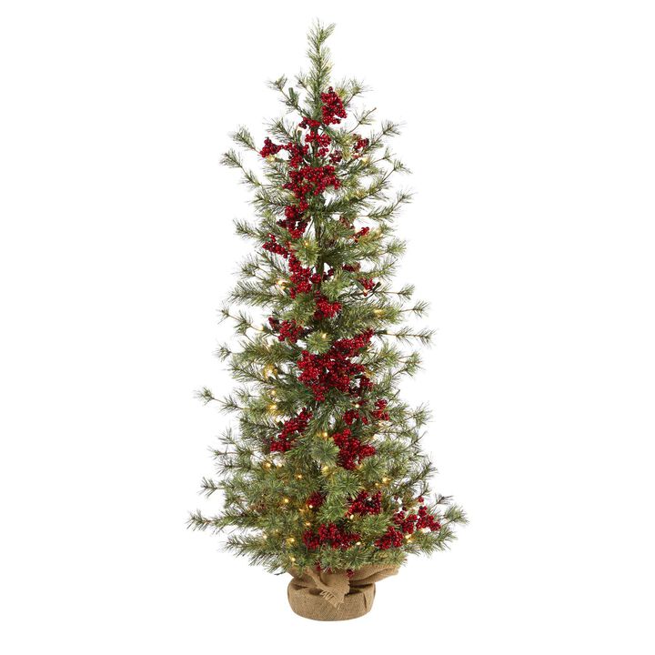 Nearly Natural 4-ft Berry and Pine Artificial Christmas Tree with 100 Warm White Lights and Burlap Wrapped Base