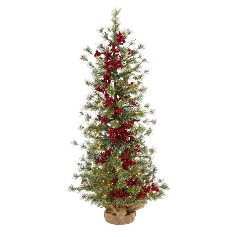 Nearly Natural 4-ft Berry and Pine Artificial Christmas Tree with 100 Warm White Lights and Burlap Wrapped Base