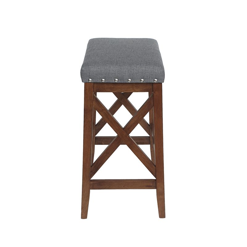 Arica Barstool Set of 2, Saddle Seat X-Cross Rubberwood, Charcoal Gray - Benzara